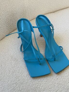 Bottega Veneta Turquoise Strappy Square-Toe Heels